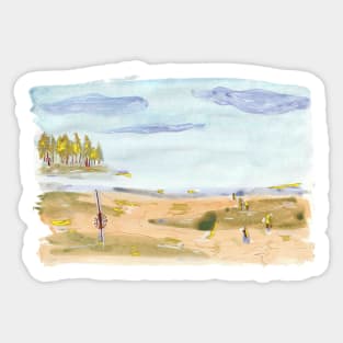 Family on the beach strand at Bjorno Sweden - tan, blue and gold Sticker